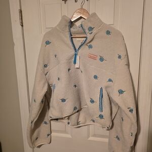 Cozy White Fleece Pullover with Blue Floral Embroidery